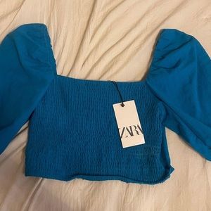 Blue Zara cropped puff sleeve top new with tags